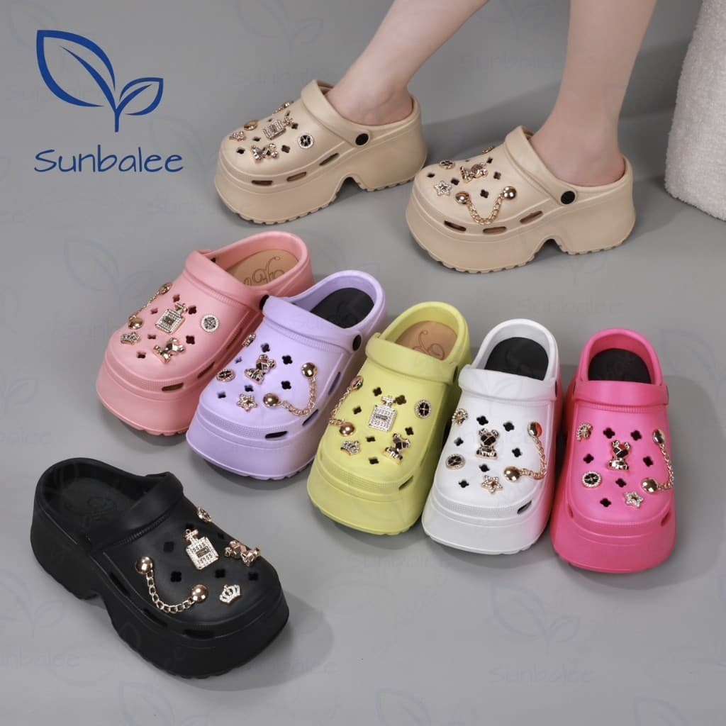 SHO-E8899 รองเท้าหัวโต แถมตัวติดสีทอง ส้นสูง 8 CM รองเท้าแบบสวม มีสายรัดส้น สวยแบบติดแกรม วัสดุ EVA สินค้า รูปที่ 7