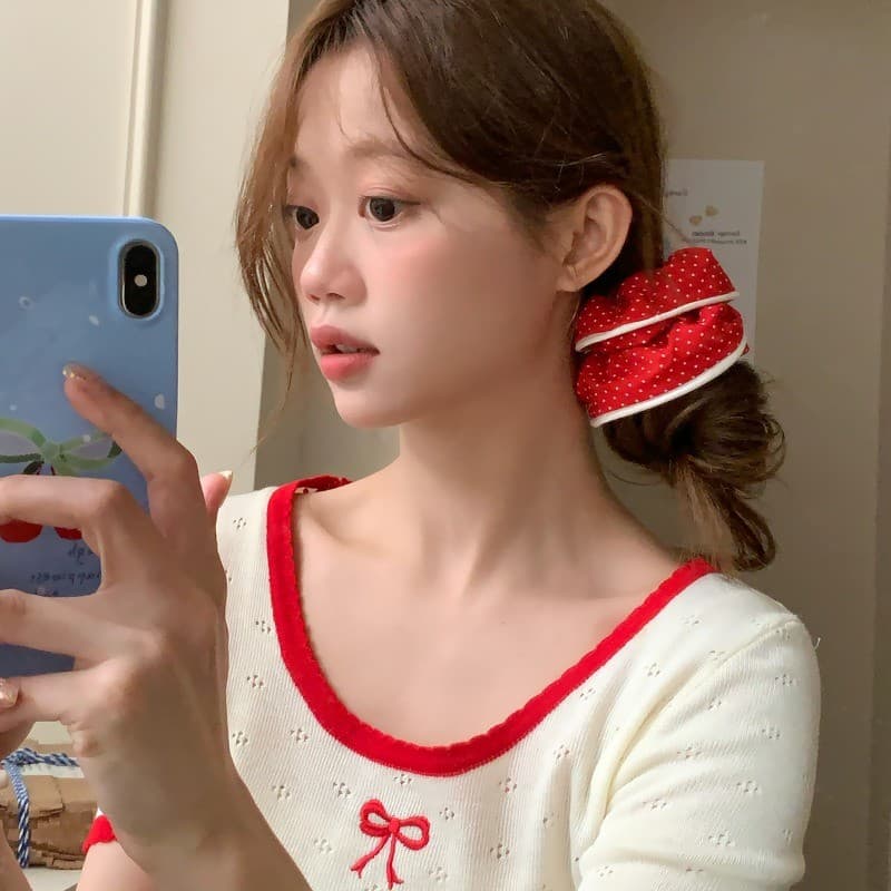 สวยงามจุดสีแดงผูกผมผมหางม้าหัวเชือกจีนสีแดง Scrunchies เครื่องประดับผม รูปที่ 7