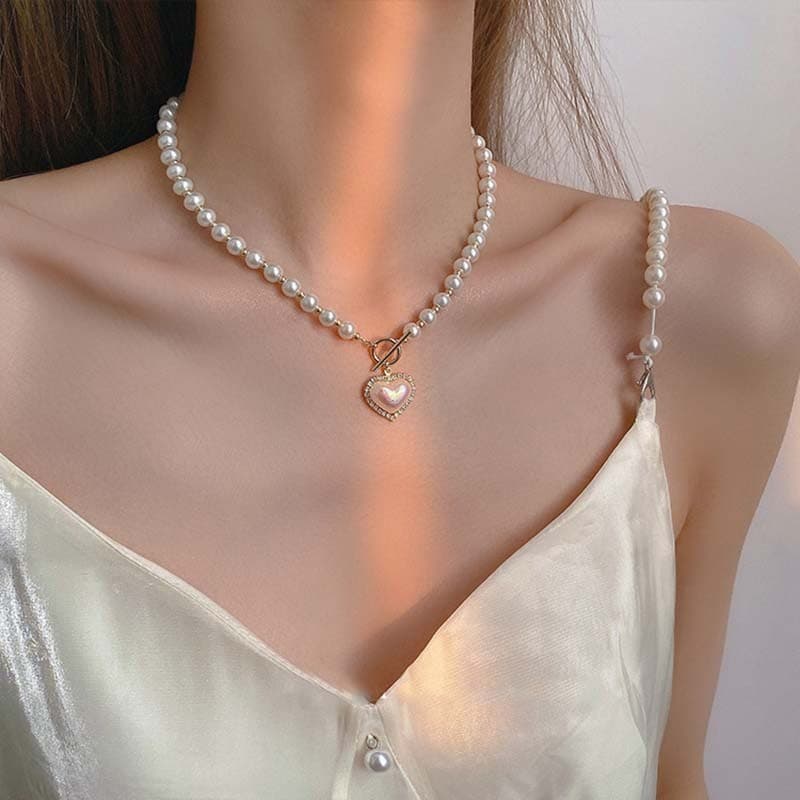สร้อยคอไข่มุก สร้อยคอไข่มุกจี้หัวใจ สไตล์เกาหลี สร้อยคอแฟชั่นสำหรับผู้หญิง รูปที่ 2