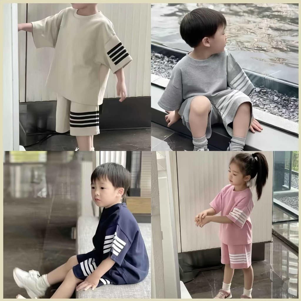 ชุดลาลองเด็ก ชุดเช็ทแขนสัน เนือผ้าวาฟเฟิล แต่งลายทาง ไซส์：90-150cm รูปที่ 8