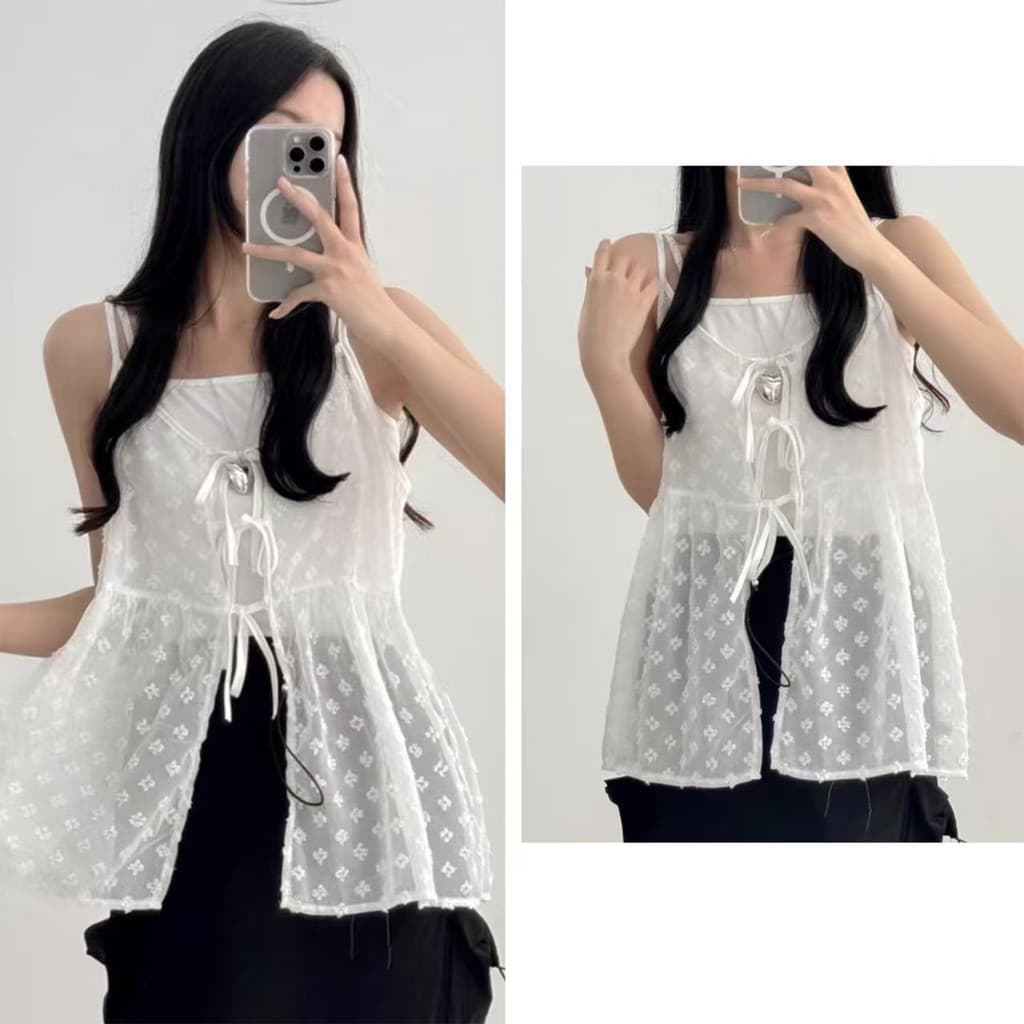 เสื้อสายเดี่ยวลูกไม้ ผ้าซีทรู ดีไซน์เกาหลีสุดชิค รูปที่ 1