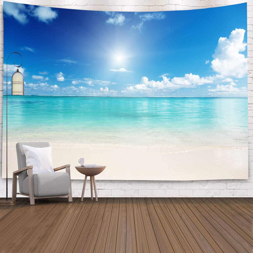 CM ขนาดใหญ่ Beach Coconut TreeOcean Tapestry แขวน Blue Sky ธรรมชาติห้องนอน Tapestry ดอกไม้แขวนผนังสําหรับห้องพื้นหลังผ้าผนังผ้าห้องข้างเตียง W รูปที่ 3