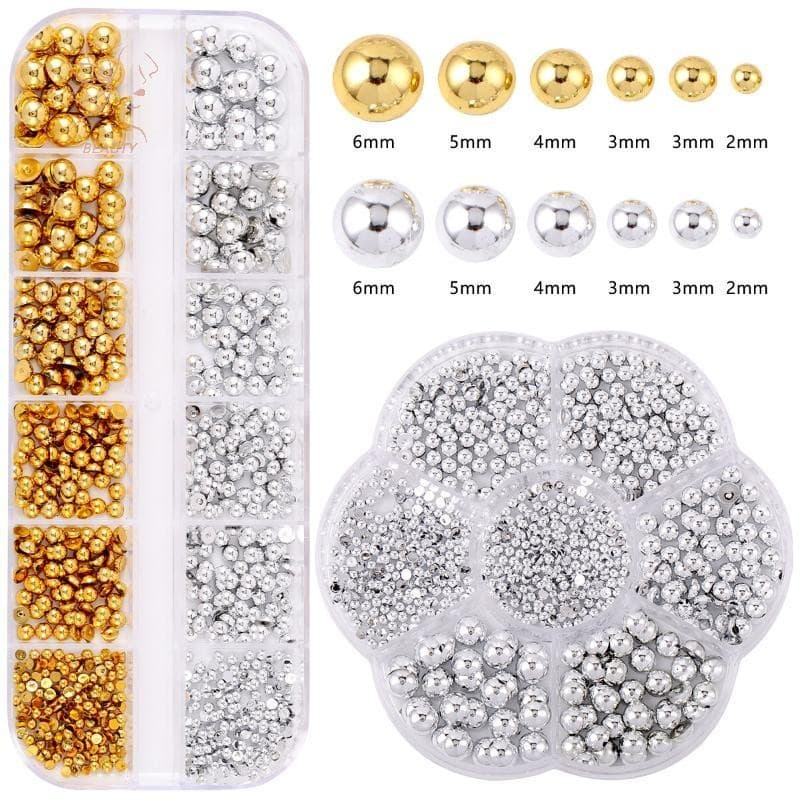 12Grids ผสมมุกครึ่งวงกลมทองและเงินเล็บ Charms ตกแต่งเล็บอุปกรณ์ร้านทําเล็บ {TH} รูปที่ 2
