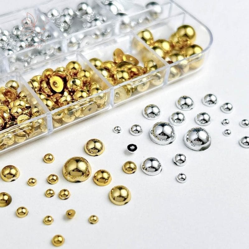 12Grids ผสมมุกครึ่งวงกลมทองและเงินเล็บ Charms ตกแต่งเล็บอุปกรณ์ร้านทําเล็บ {TH} รูปที่ 3