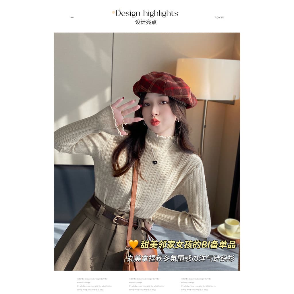 Xiaoma111 เสื้อผู้หญิงสไตล์ใหม่ฤดูใบไม้ร่วงฤดูหนาวสวมใส่ High-End Feeling ครึ่งคอเต่าเสื้อกันหนาว Agaric Edge ถักเสื้อกันหนาวด้านนอก Ne รูปที่ 2
