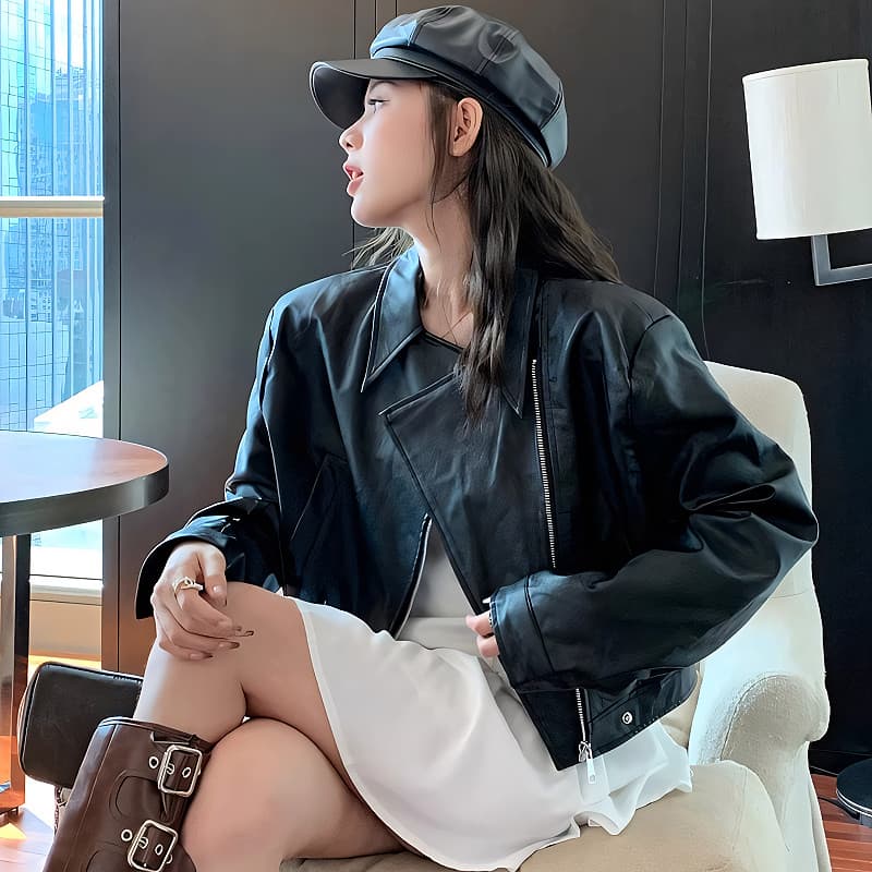 SuySuy แจ็คเก็ต คอปก แขนยาว ผ้าหนัง เนื้อผ้าดี รุ่นซิปรูด สไตล์เท่ๆ เก๋ๆ ใส่ได้หลายแนวสไตล์ รูปที่ 4
