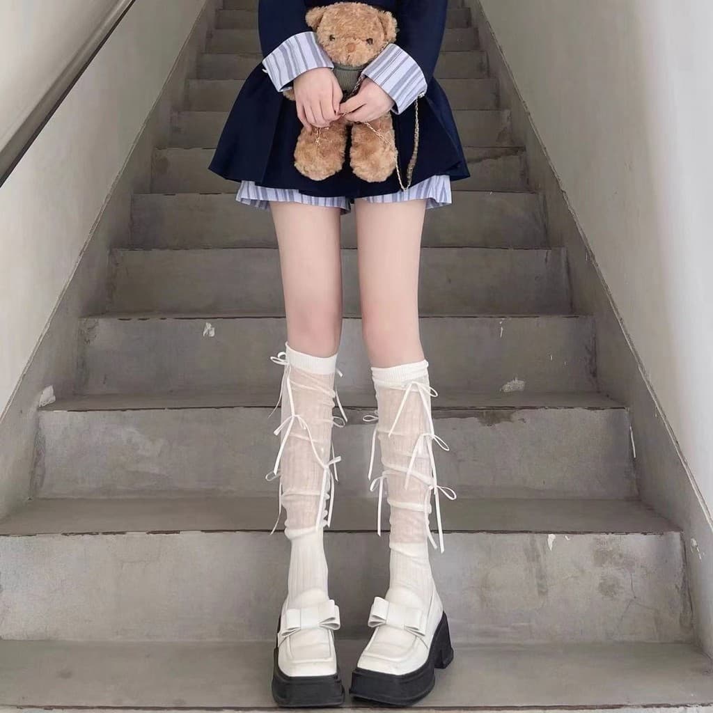 ถุงเท้าผู้หญิง jk จากญี่ปุ่น ถุงเท้ายาวถึงเข่าสีทึบ ตกแต่งโบว์ สไตล์บัลเล่ต์ รูปที่ 5