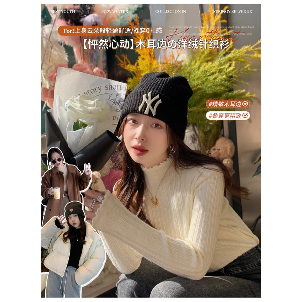 Xiaoma111 เสื้อผู้หญิงสไตล์ใหม่ฤดูใบไม้ร่วงฤดูหนาวสวมใส่ High-End Feeling ครึ่งคอเต่าเสื้อกันหนาว Agaric Edge ถักเสื้อกันหนาวด้านนอก Ne รูปที่ 3