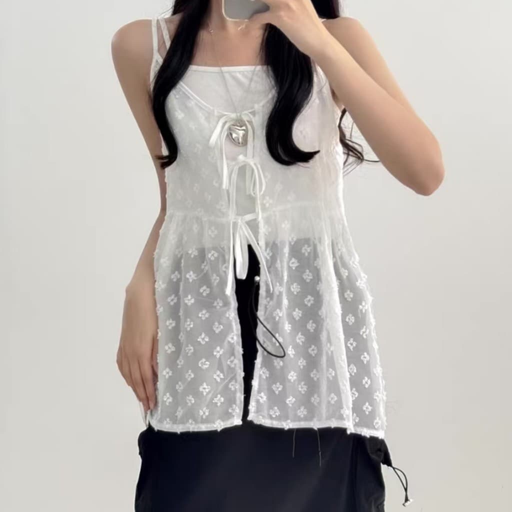 เสื้อสายเดี่ยวลูกไม้ ผ้าซีทรู ดีไซน์เกาหลีสุดชิค รูปที่ 7