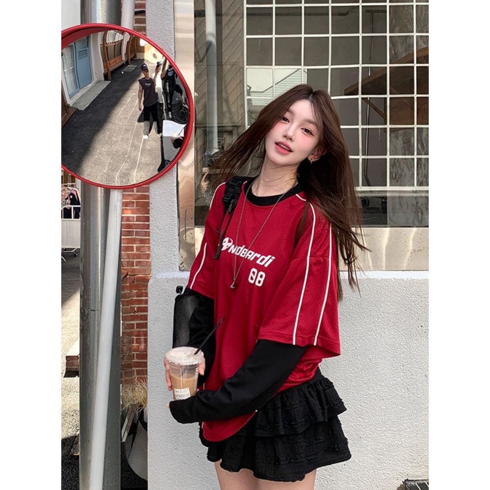 Solovely M-2XL ผู้หญิง สไตล์เกาหลี คอกลม เสื้อตัวบน สีบล็อก ลายพิมพ์ แขนยาว เสื้อยืด รูปที่ 4