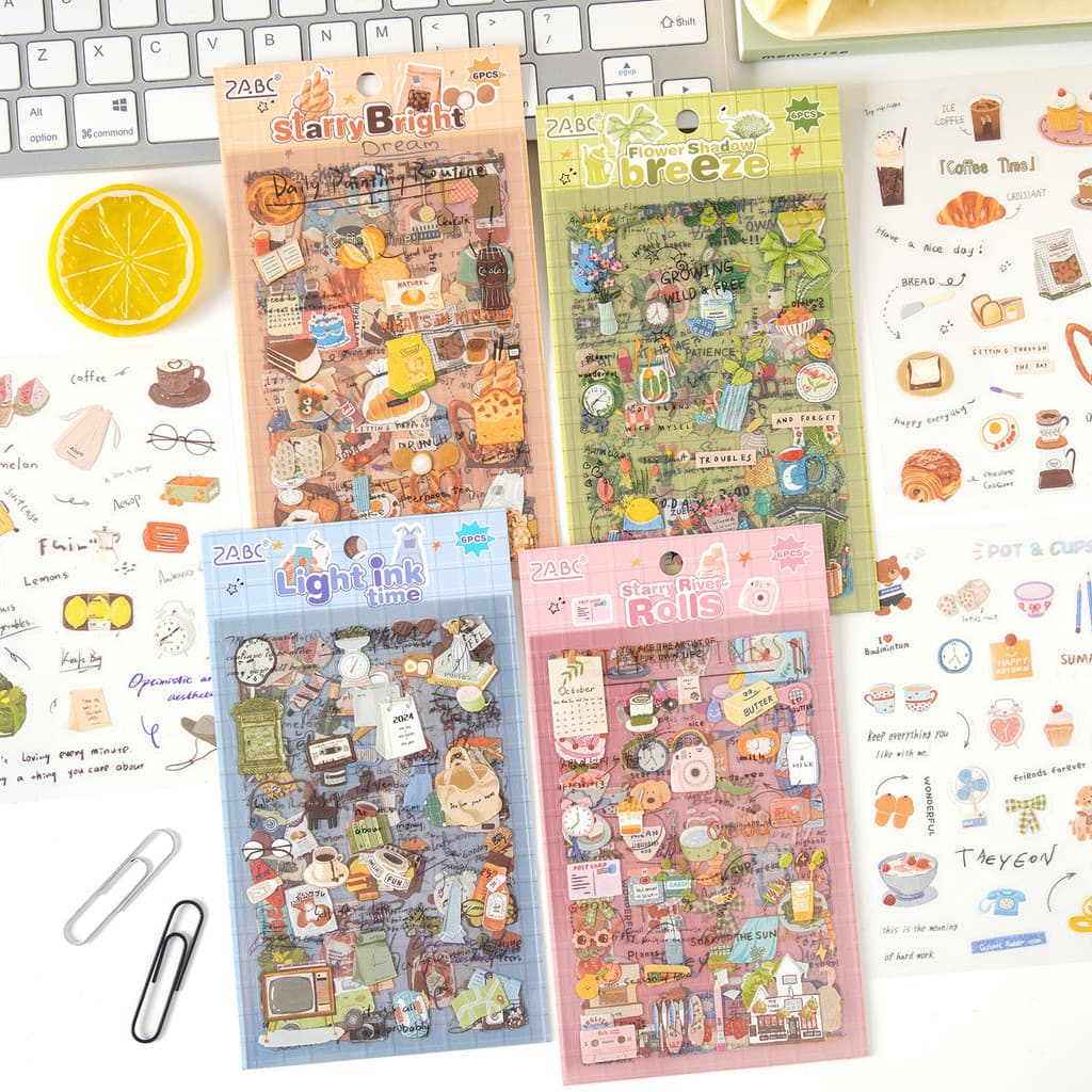 6 แผ่นชีวิตประจําวันธีมสมุดภาพสติกเกอร์ Kawaii ความงามสติกเกอร์โปร่งใสสําหรับ Journaling Planner อัลบั้มปฏิทินโน้ตบุ๊ค DIY Craft ตกแต่ง รูปที่ 2
