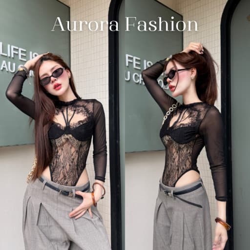 Aurora ชุดบอดี้สูทซีทรู เสริมฟองน้ำ แขนยาว เซ็กซีลายลูกไม้ รูปที่ 1