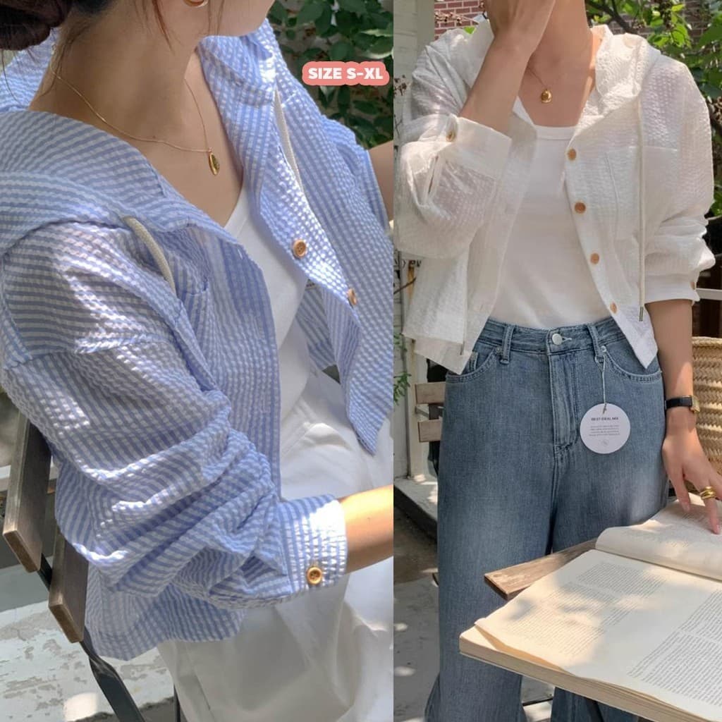 mimi&didi#เสื้อเชิ้ตคลุมด้วยผ้า สำหรับผู้หญิง เกาหลีใต้ สไตล์ฤดูร้อนเก๋ไก๋ เรียบหรู ลายทาง สีตัดกัน แขนยาว กันแดด#W441 รูปที่ 1