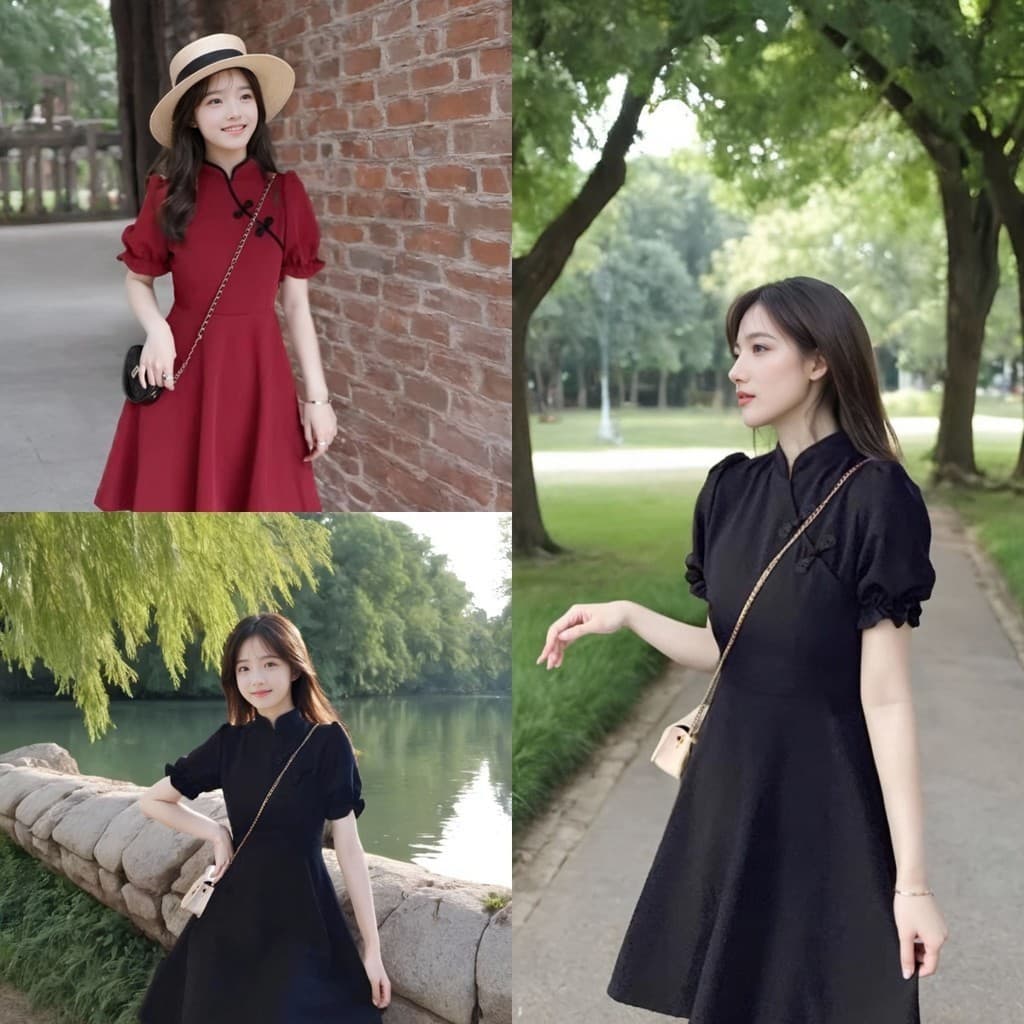 สวยระดับจักรวาล! ชุดเดรสกี่เพ้าสีดำสีแดงสไตล์จีน ผ้าฝ้าย คอจีน แขนตุ๊กตา สไตล์สาวจีน ใหม่ล่าสุด รูปที่ 1