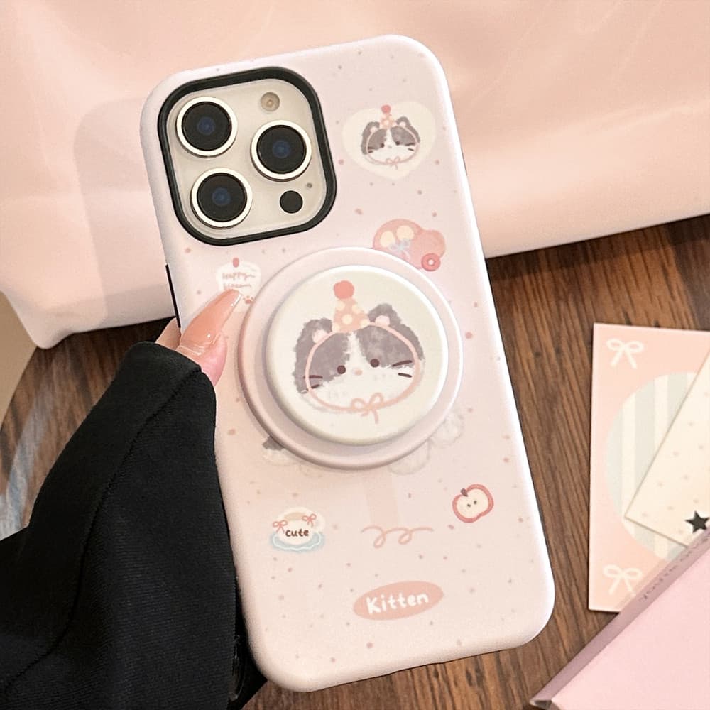 การ์ตูนน่ารัก Graffiti Party Kitty ขาตั้งแม่เหล็กผู้ถือ iPhone สําหรับ iPhone 16 Pro Max 16 Plus 16 Pro 16 15 14 13 12 11 กันกระแทก TPU Matte ฝาหลัง รูปที่ 6