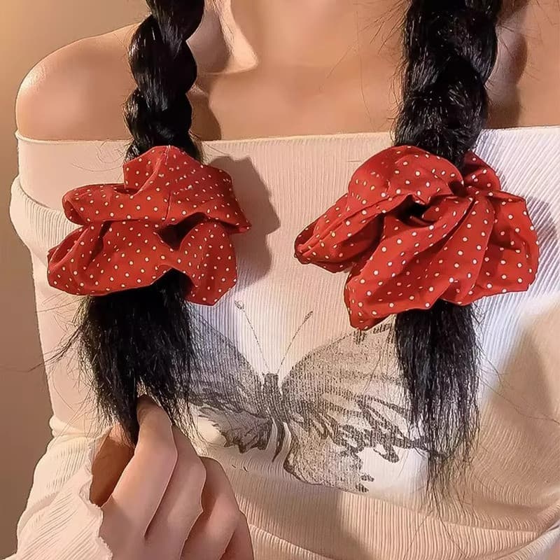 สวยงามจุดสีแดงผูกผมผมหางม้าหัวเชือกจีนสีแดง Scrunchies เครื่องประดับผม รูปที่ 8