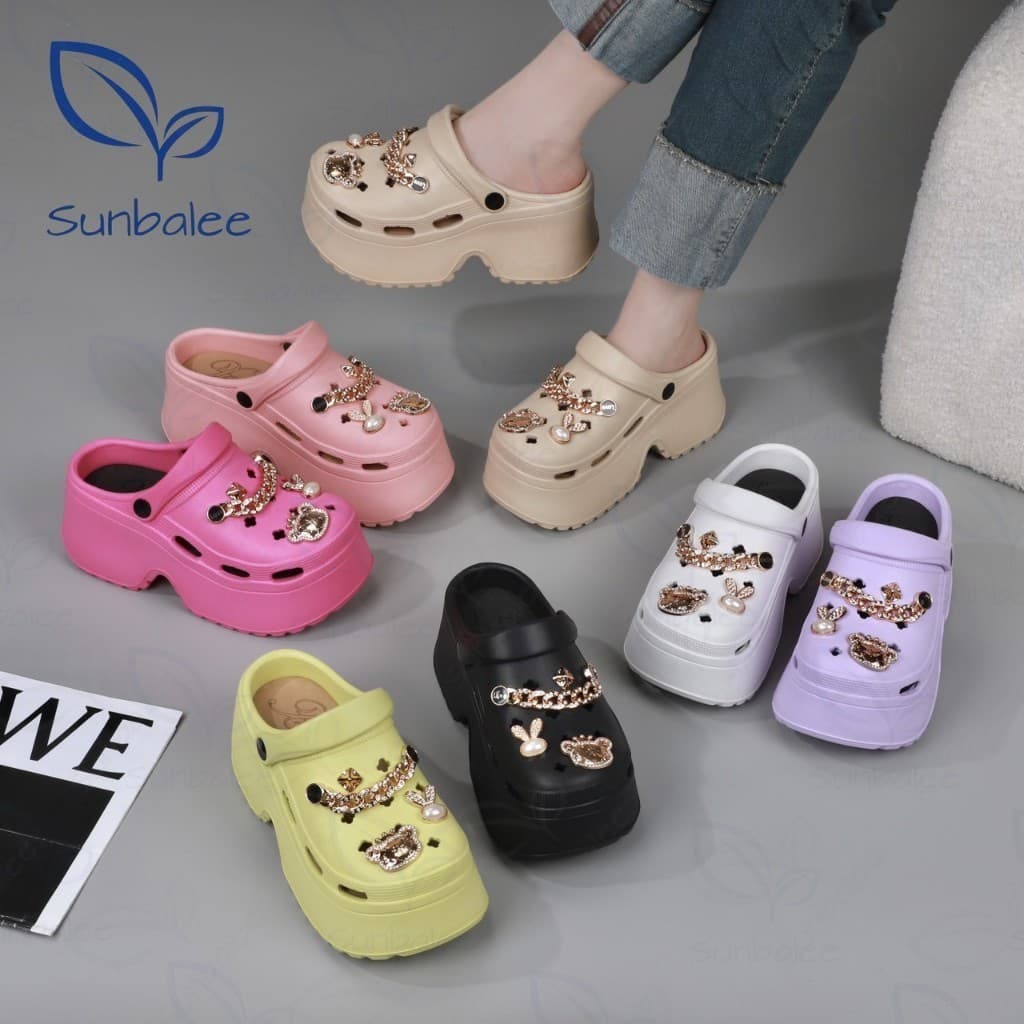 SHO-E8899 รองเท้าหัวโต แถมตัวติดสีทอง ส้นสูง 8 CM รองเท้าแบบสวม มีสายรัดส้น สวยแบบติดแกรม วัสดุ EVA สินค้า รูปที่ 3