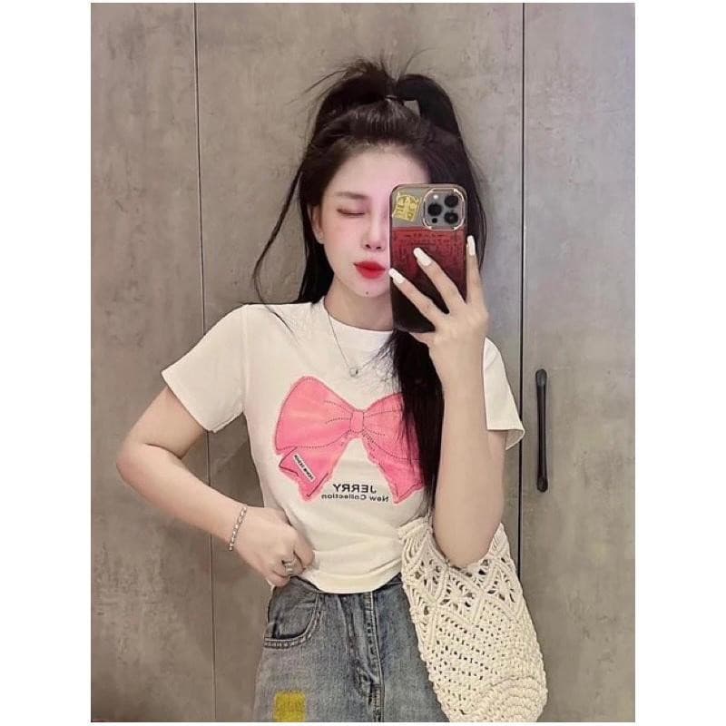 เสื้อยืดแขนสั้นผู้หญิง สไตล์เรโทร พิมพ์ลายฤดูร้อน ใส่สบาย อินเทรนด์ เหมาะสำหรับสตรีท ท็อป รูปที่ 3