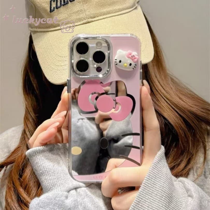 Iphone 16 15 14 13 12 11 Pro Max X Xr Xs Max 7 8 Plusเคสโทรศัพท์InsสาวหัวใจสีชมพูKTกระจกแมวฝาครอบโทรศัพท์นุ่ม รูปที่ 8
