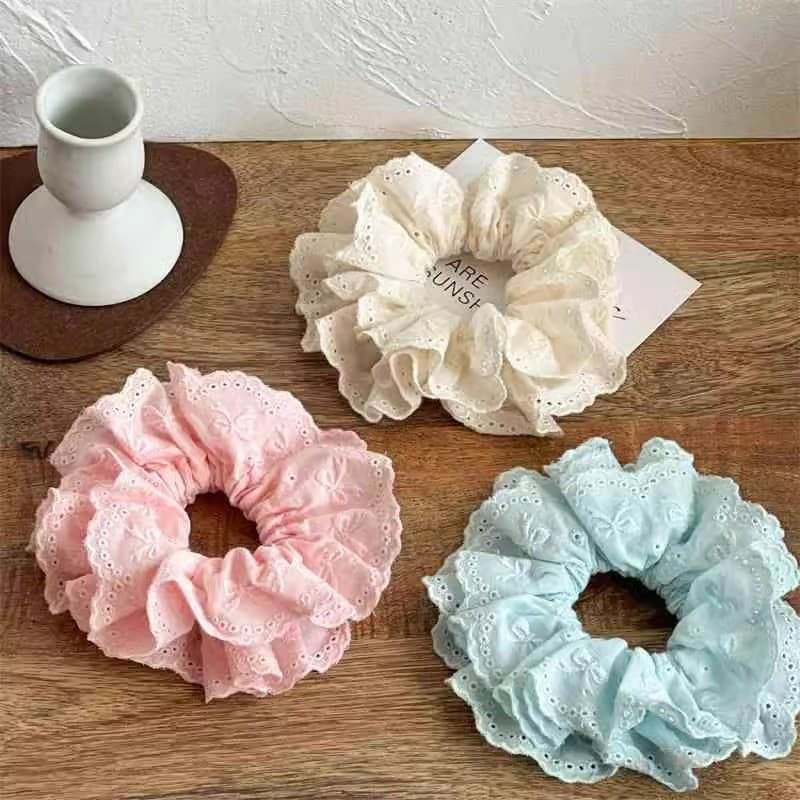 ผู้หญิงสีขาวสีฟ้าสีชมพูผ้าฝ้ายลูกไม้ Fairy Priness เชือกผมหางม้า Scrunchies ผมผูก รูปที่ 1
