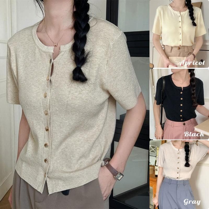 Chili Kokoเสื้อคาร์ดิแกนถัก แขนสั้น สีพื้น สีพื้น นุ่ม กระดุมทอง เหมาะกับฤดูร้อน Womenเสื้อยืด 88008 รูปที่ 1