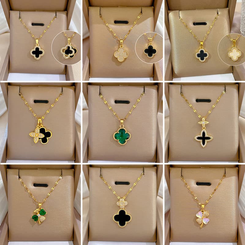 Ins สไตล์ Micro-Inlaid Zircon Four-Leaf Clover จี้ไทเทเนียมเหล็กสร้อยคอ All-Match สาว Clavicle Chain ของขวัญต้องมี รูปที่ 1
