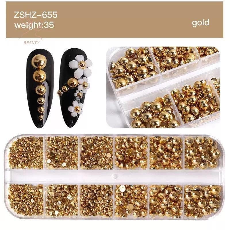 12Grids ผสมมุกครึ่งวงกลมทองและเงินเล็บ Charms ตกแต่งเล็บอุปกรณ์ร้านทําเล็บ {TH} รูปที่ 5