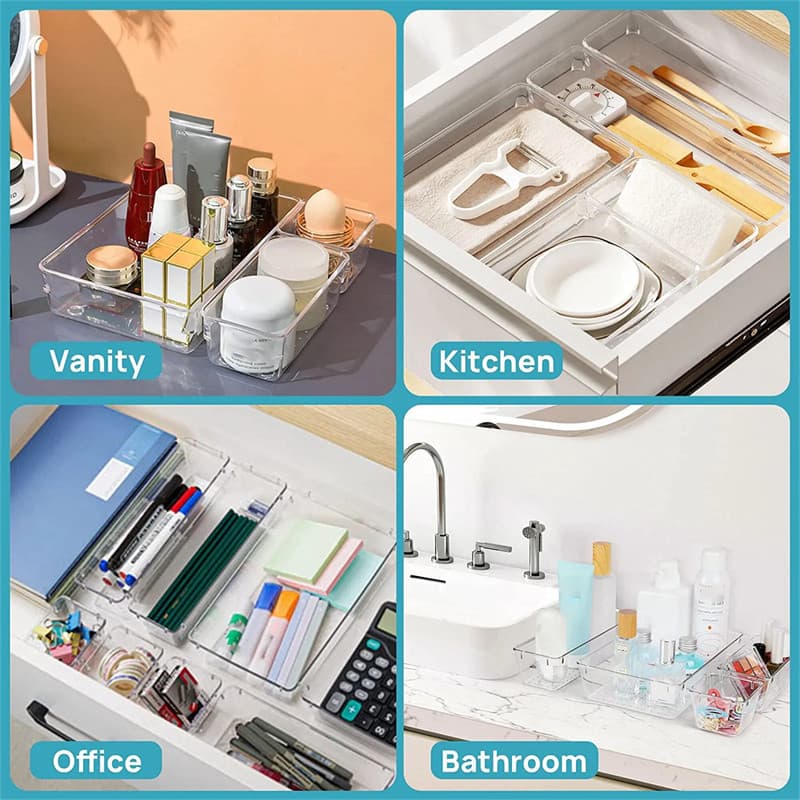 พลาสติกใสลิ้นชัก Organizers - 4 ขนาดอเนกประสงค์ห้องน้ําและ Vanity ลิ้นชัก Organizer ถาด - แต่งหน้าเครื่องประดับถังเก็บ รูปที่ 6
