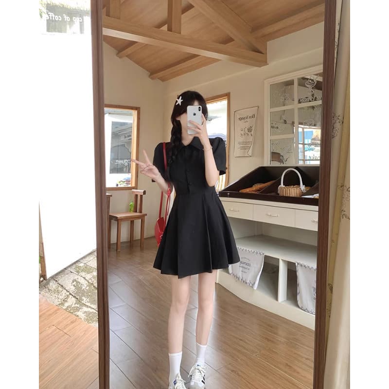 มินิเดรส คอปกเชิ้ต โปโล แขนสั้นพัฟ กระดุมหน้า กระโปรงทรงเอ สไตล์หวานสุภาพ ลุคนักเรียนเกาหลี รูปที่ 6
