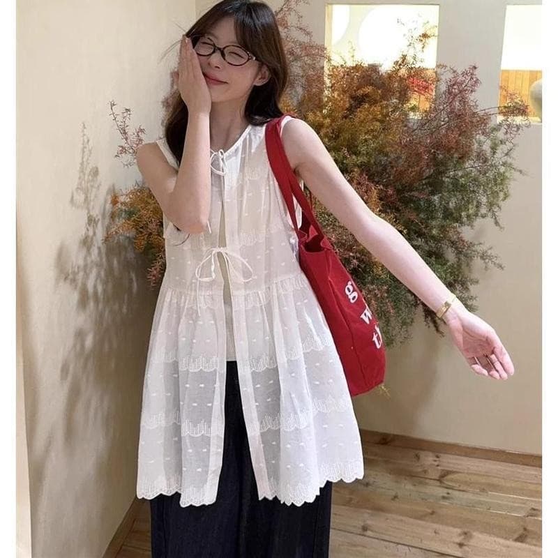 Mimi&didi#ชุดเสื้อกั๊กปกปิด เนคไทฝรั่งเศส เดรสทรงหลวม คอกลม แขนกุด เหมาะสำหรับฤดูใบไม้ผลิ หวานและเผ็ดสำหรับผู้หญิง#99109 รูปที่ 3
