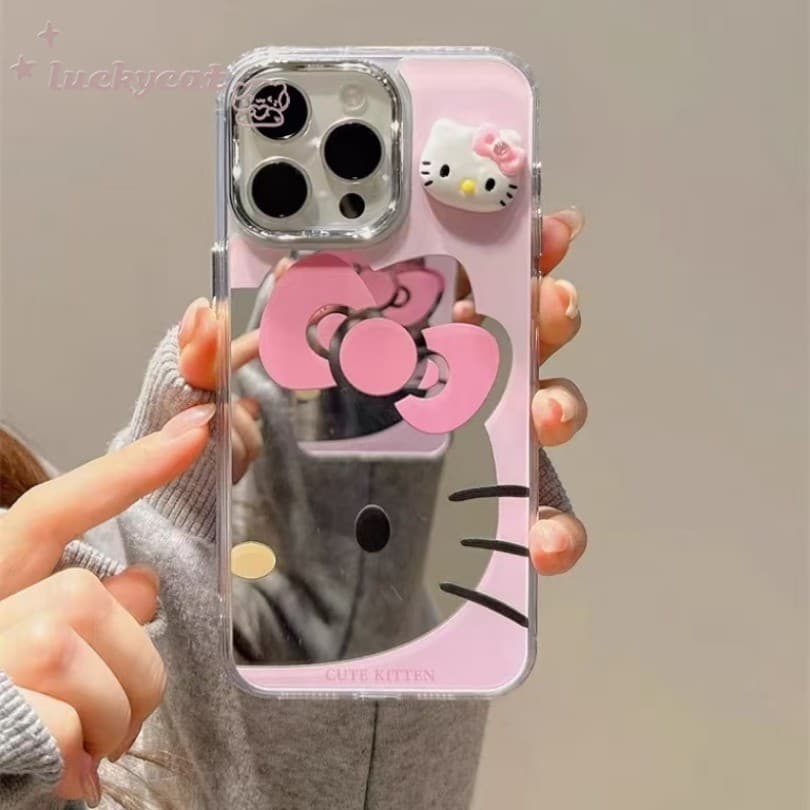Iphone 16 15 14 13 12 11 Pro Max X Xr Xs Max 7 8 Plusเคสโทรศัพท์InsสาวหัวใจสีชมพูKTกระจกแมวฝาครอบโทรศัพท์นุ่ม รูปที่ 4