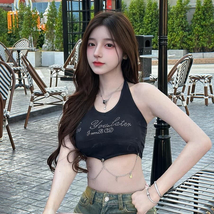 คล้องคอ เซ็กซี่ เปิดไหล่ เสื้อคล้องคอ มีฟองน้ำ ใส่สบาย ครอปสั้น "FYN41" -HQingsun รูปที่ 9