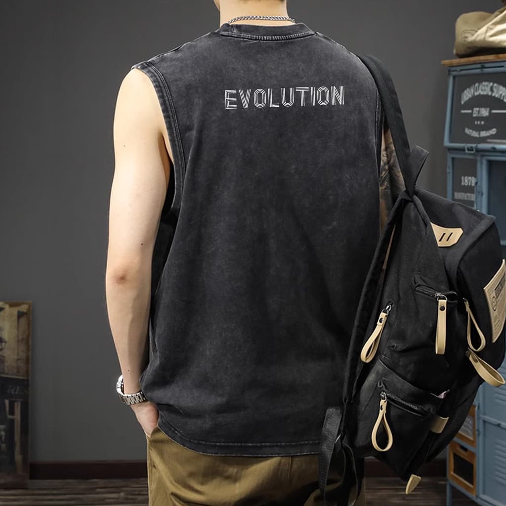 Y-Tเสื้อยืดชาย เสื้อกล้าม แขนกุด สวมใส่สบาย ผ้าฝ้าย100% คุณภาพสูง ลาย "EVOLUTION" ไม่ต้องรีดผ้า สไตล์ลำลอง รูปที่ 3
