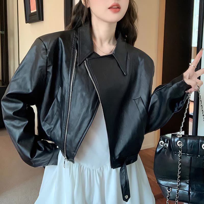 SuySuy แจ็คเก็ต คอปก แขนยาว ผ้าหนัง เนื้อผ้าดี รุ่นซิปรูด สไตล์เท่ๆ เก๋ๆ ใส่ได้หลายแนวสไตล์ รูปที่ 6