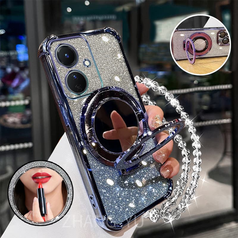 กันกระแทกเคสสําหรับ OPPO reno 11f 5G เคสโทรศัพท์ 3D ที่วางกระจกแต่งหน้าสร้อยข้อมือใหม่ softcase รูปที่ 3