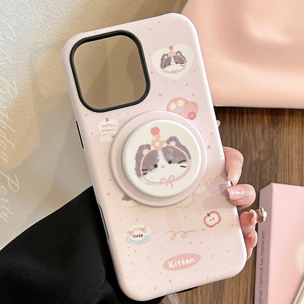 การ์ตูนน่ารัก Graffiti Party Kitty ขาตั้งแม่เหล็กผู้ถือ iPhone สําหรับ iPhone 16 Pro Max 16 Plus 16 Pro 16 15 14 13 12 11 กันกระแทก TPU Matte ฝาหลัง รูปที่ 1