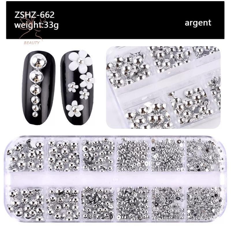 12Grids ผสมมุกครึ่งวงกลมทองและเงินเล็บ Charms ตกแต่งเล็บอุปกรณ์ร้านทําเล็บ {TH} รูปที่ 6