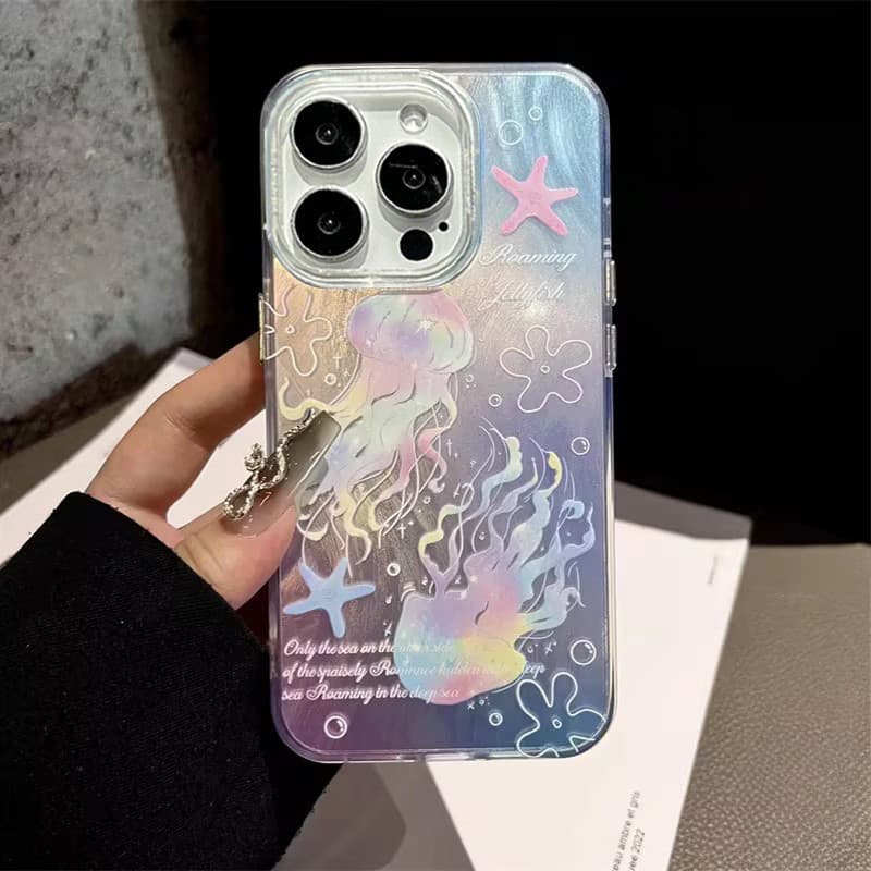 ปลาโลมาในฝันแมงกะพรุนเปลือกหอยดาวน่ารัก เคสไอโฟน 16 11 13pro สำหรับ IPhone 15 14 12 ProMax7 8 Plus X XR XSMaxสีขนมกวาด รูปที่ 3