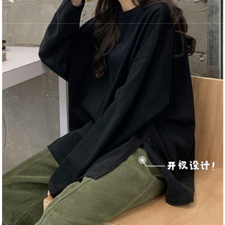 NINGFASHION เสื้อยืดเเขนยาวผู้หญิง เสื้้อ สีพื้น แฟชั่น ทรงใหญ่ โอเวอร์ไซส์ รุ่น W7724 รูปที่ 6