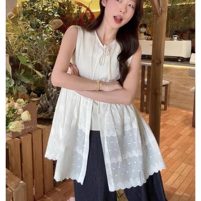 Mimi&didi#ชุดเสื้อกั๊กปกปิด เนคไทฝรั่งเศส เดรสทรงหลวม คอกลม แขนกุด เหมาะสำหรับฤดูใบไม้ผลิ หวานและเผ็ดสำหรับผู้หญิง#99109 รูปที่ 4