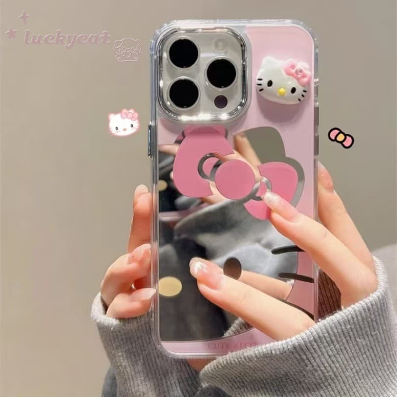 Iphone 16 15 14 13 12 11 Pro Max X Xr Xs Max 7 8 Plusเคสโทรศัพท์InsสาวหัวใจสีชมพูKTกระจกแมวฝาครอบโทรศัพท์นุ่ม รูปที่ 2