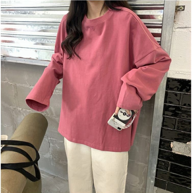 NINGFASHION เสื้อยืดเเขนยาวผู้หญิง เสื้้อ สีพื้น แฟชั่น ทรงใหญ่ โอเวอร์ไซส์ รุ่น W7724 รูปที่ 7