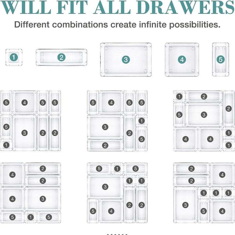 พลาสติกใสลิ้นชัก Organizers - 4 ขนาดอเนกประสงค์ห้องน้ําและ Vanity ลิ้นชัก Organizer ถาด - แต่งหน้าเครื่องประดับถังเก็บ รูปที่ 7