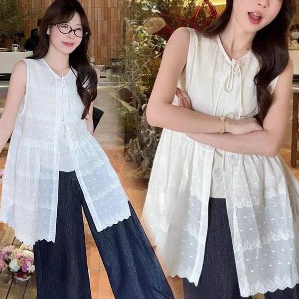 Mimi&didi#ชุดเสื้อกั๊กปกปิด เนคไทฝรั่งเศส เดรสทรงหลวม คอกลม แขนกุด เหมาะสำหรับฤดูใบไม้ผลิ หวานและเผ็ดสำหรับผู้หญิง#99109 รูปที่ 1