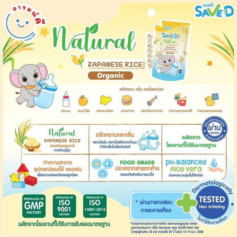Save D ผลิตภัณฑ์ล้างขวดนมและจุกนมเซฟดี กลิ่นข้าวญี่ปุ่น ชนิดถุงเติม 500 มล.-MC0018 รูปที่ 2