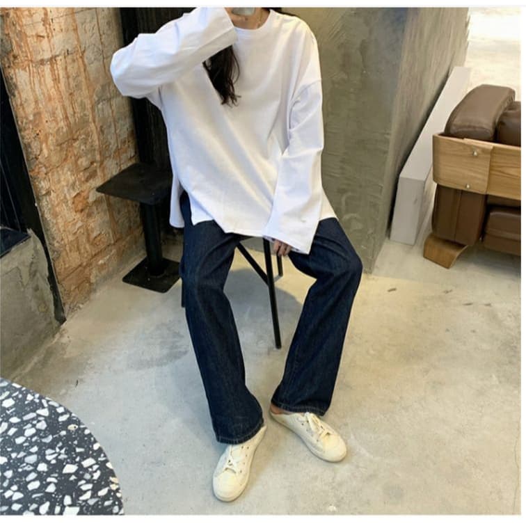 NINGFASHION เสื้อยืดเเขนยาวผู้หญิง เสื้้อ สีพื้น แฟชั่น ทรงใหญ่ โอเวอร์ไซส์ รุ่น W7724 รูปที่ 9