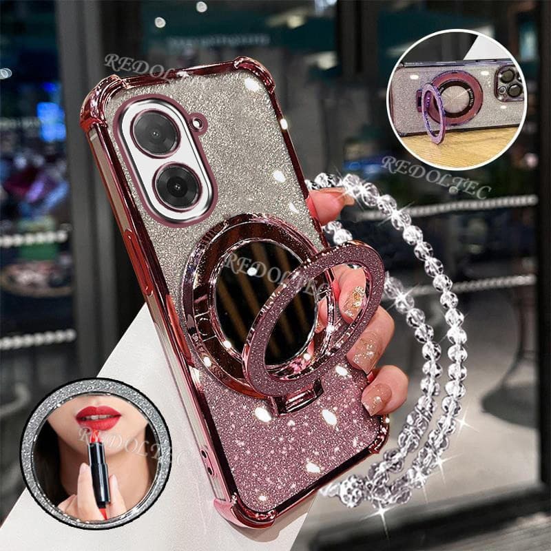 เคส Redmi A5 POCO C71 ใหม่Gradient Glitterปลอกพร้อมกระจกแต่งหน้าที่วางขาตั้งแม่เหล็กXiaomi POCO C71 Redmi A 5 เลนส์ป้องกันพร้อมวงเล็บเชือกเส้นเล็กฝาครอบโทรศัพท์กันกระแทก รูปที่ 7