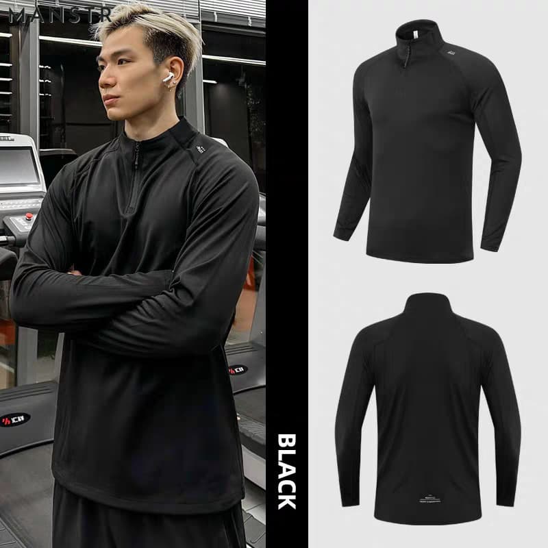 MANSTR ไม่จํากัดเพศ เสื้อยืดการฝึกอบรมแห้งเร็วครึ่งซิปแขนยาวชุดออกกําลังกายขี่จักรยานวิ่งระบายอากาศด้านบนสีดํา/สีขาว