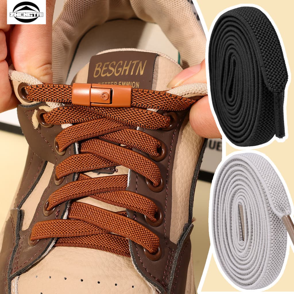No Tie Shoe Laces Press Lock Flat Laces สําหรับเด็กผู้ใหญ่ กว้าง 8 มม. เทคนิคการผูกเชือกง่าย