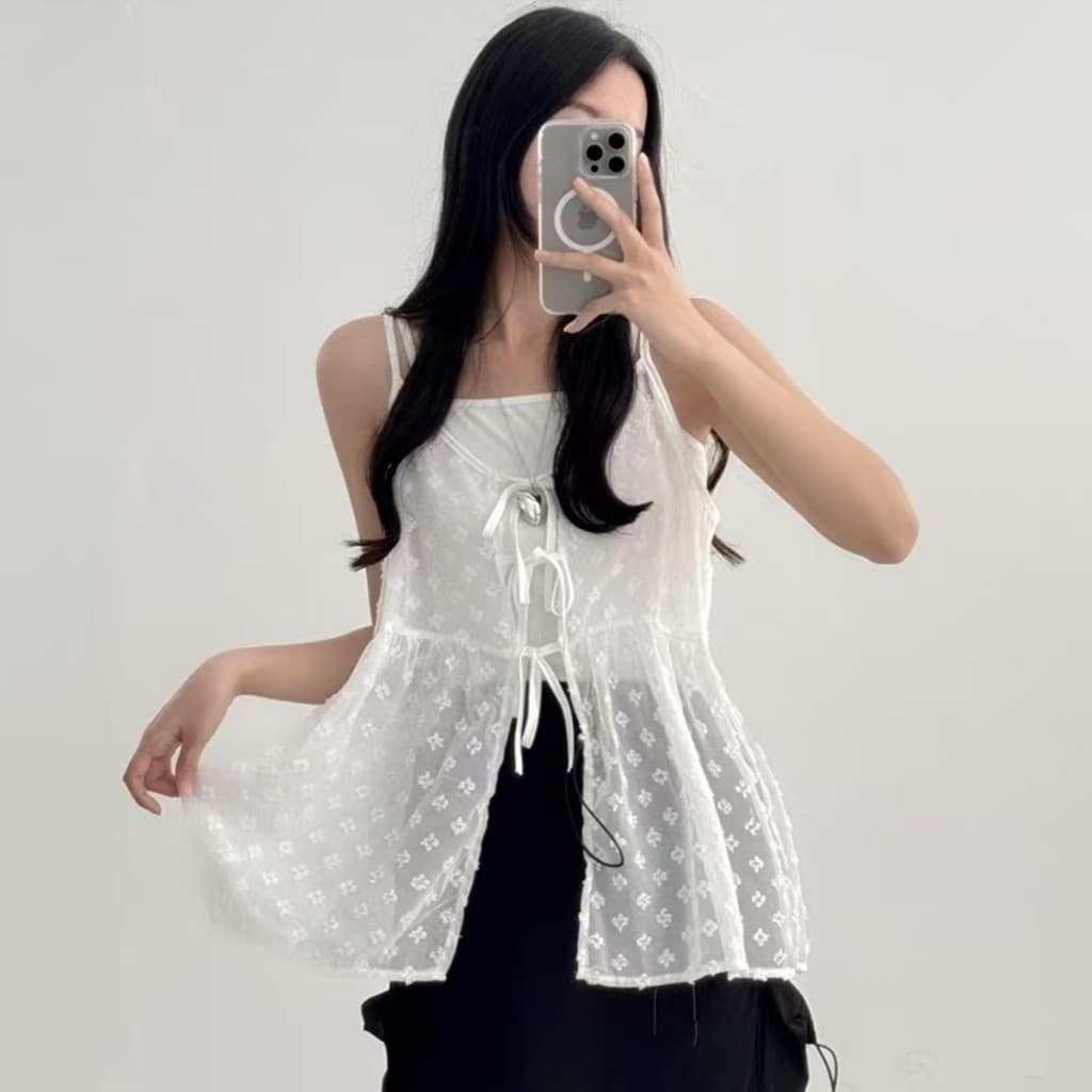 เสื้อสายเดี่ยวลูกไม้ ผ้าซีทรู ดีไซน์เกาหลีสุดชิค รูปที่ 5